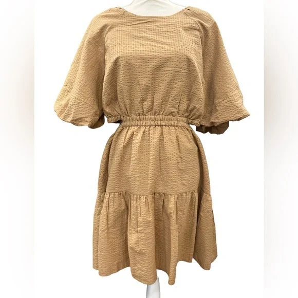 Madewell Seersucker Puff Sleeve Cutout Tiered Mini Dress XL Camel Tan NWT - Picture 2 of 10